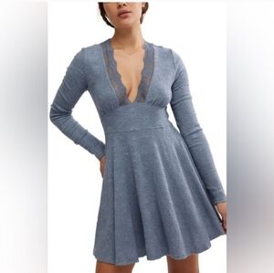 NWOT Free People All Yours Long Sleeve Mini Dress Light Blue Lace
